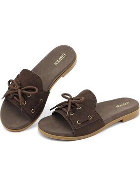 Women's Coffee Comfortable Faux Suede Upper Slip-On Casual Flat Sandal Shoes